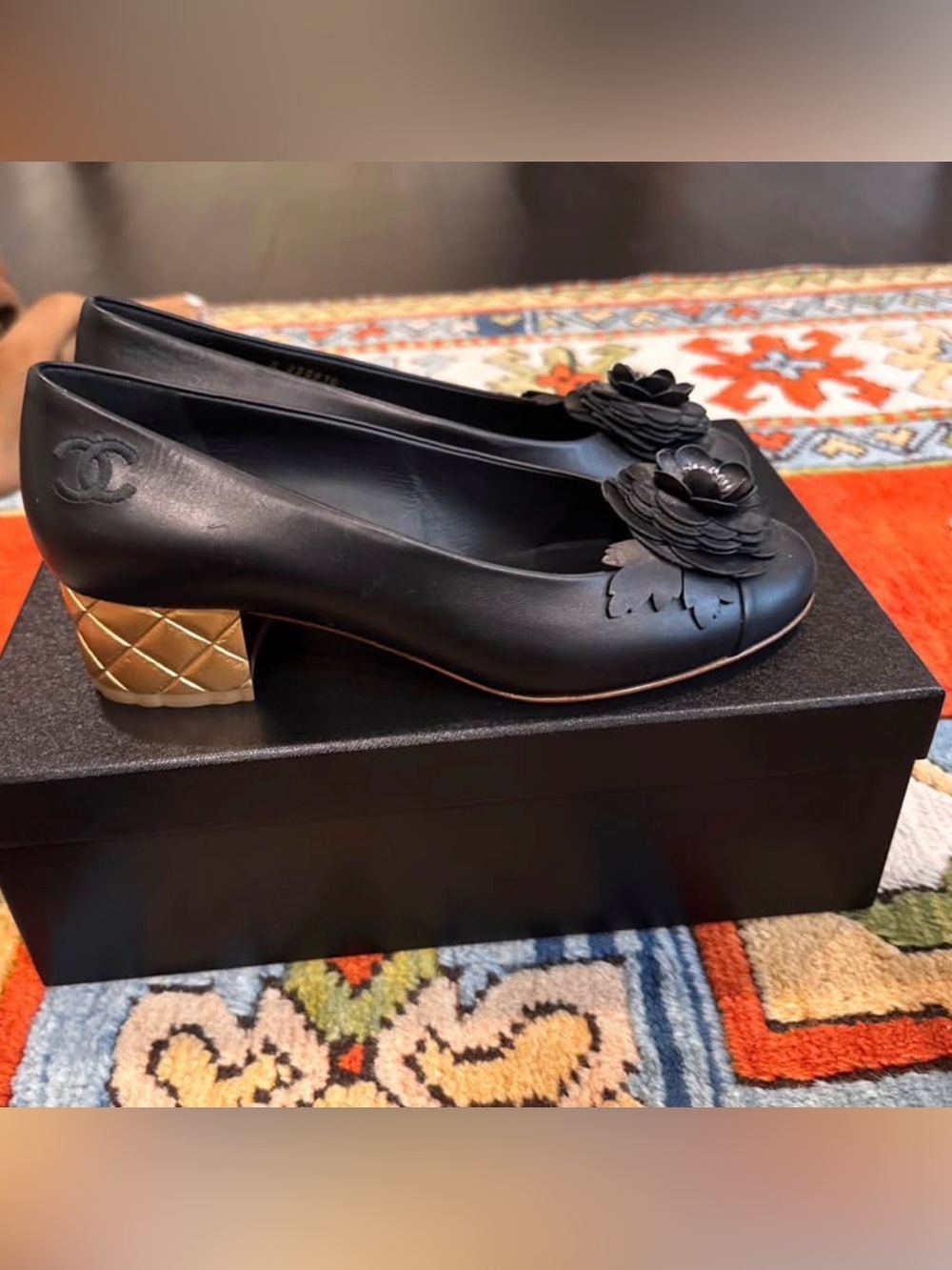 CHANEL Black Leather Camellia Pump with Quilted Gold Block Heel-39